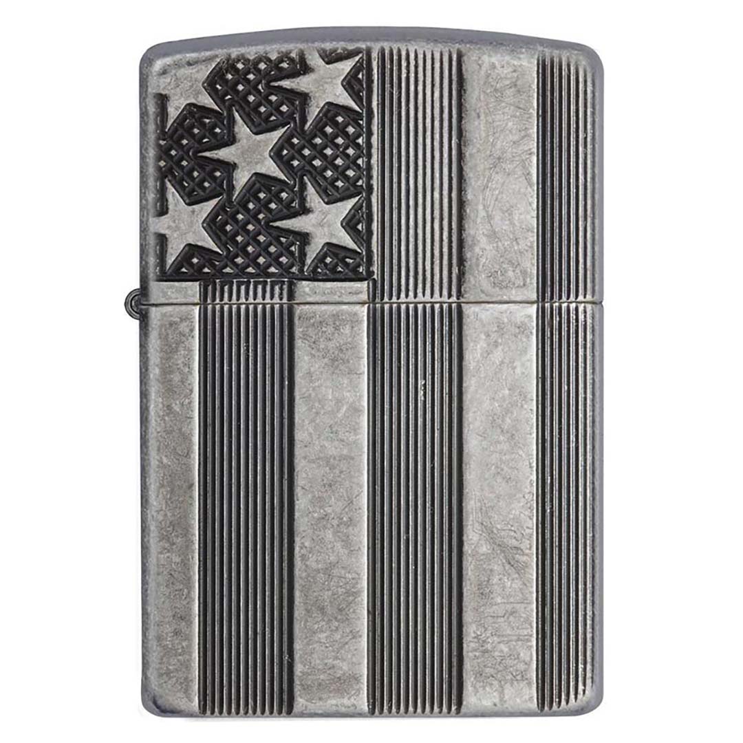 Zippo Windproof Lighter U.S. Flag Armor Case Antique Slilver Plate Finish