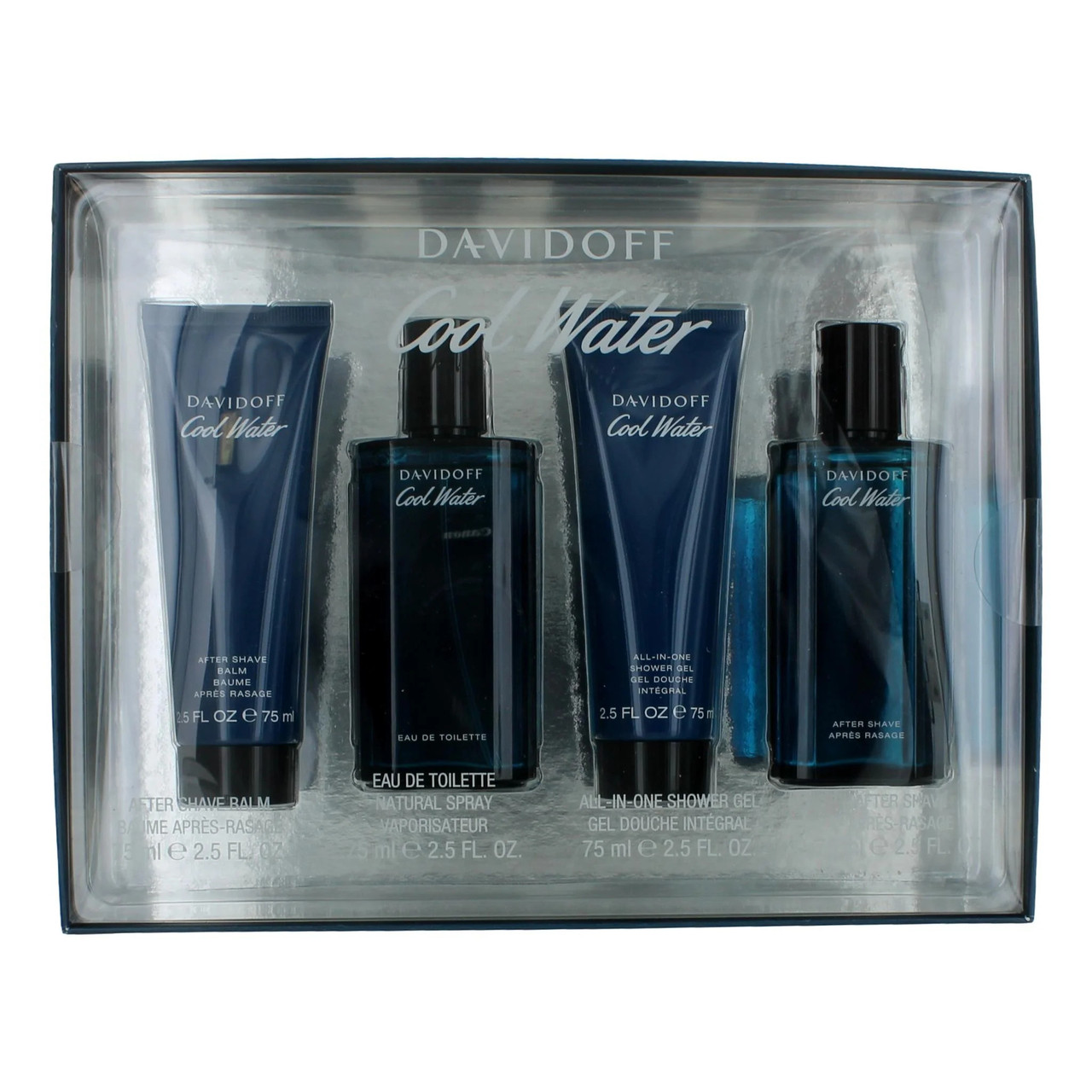 COOL WATER 4 PCS SET FOR MEN: 2.5 EAU DE TOILETTE SPRAY + 2.5 AFTER SHAVE BALM + 2.5 SHOWER GEL + 2.5 AFTER SHAVE
