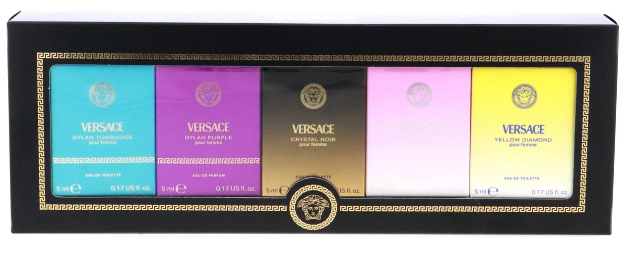 VERSACE 5 PCS MINI SET FOR WOMEN: YELLOW DIAMOND 5 ML EAU DE TOILETTE + BRIGHT CRYSTAL 5 ML EAU DE TOILETTE + CRYSTAL NOIR 5 ML EAU DE TOILETTE + DYLAN PURPLE 5 ML EAU DE PARFUM + DYLAN TURQUOISE 5 ML EAU DE TOILETTE
