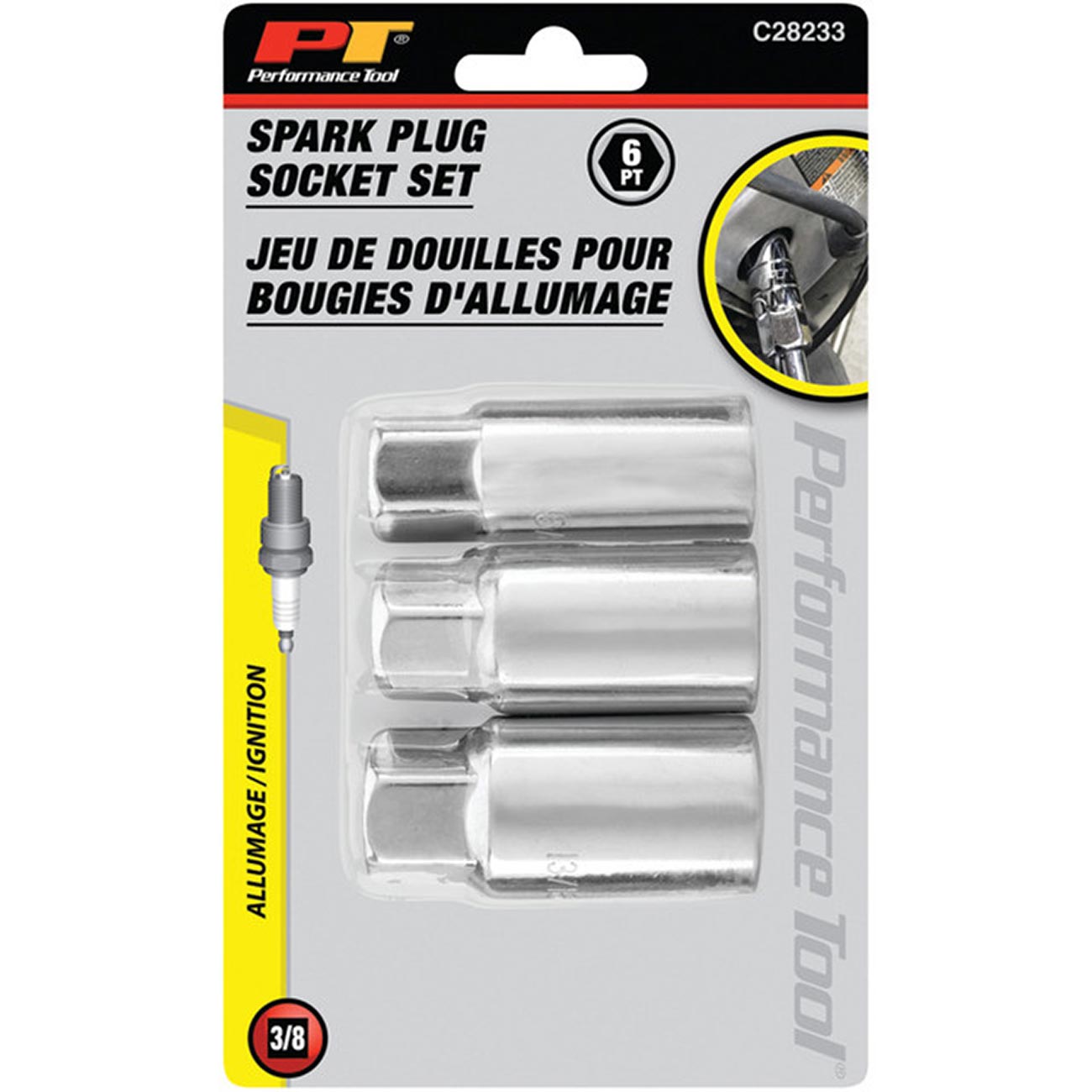 Performance Tool 3/8" Drive 6-Point Spark Plug Socket Set (3-Piece Set) - Image 3