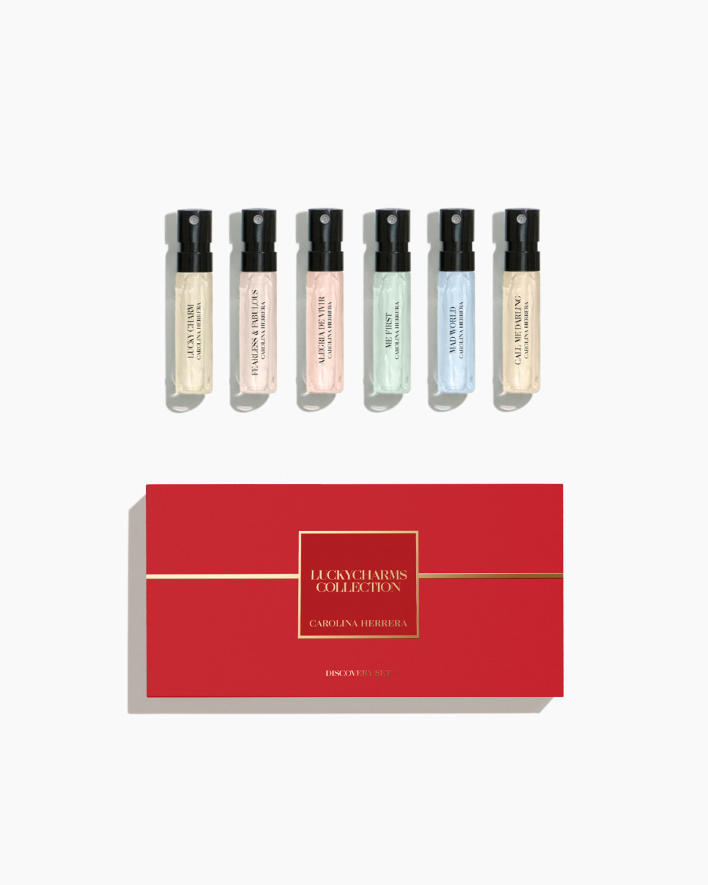 CAROLINA HERRERA 6 * 1.5 ML EAU DE PARFUM VIAL SPRAY SET FOR WOMEN: ALEGRIA DE VIVIR + CALL ME DARLING + FEARLESS AND FABULOUS + LUCKY CHARM + MAD WORLD + ME FIRST