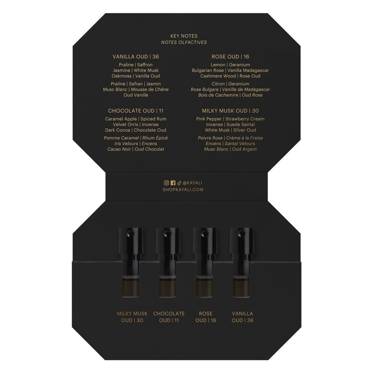 KAYALI OUDGASM 4 * 1.5 ML EAU DE PARFUM VIAL SPRAY SET: ROSE OUD + VANILLA OUD + CHOCOLATE OUD + MILKY MUSK OUD