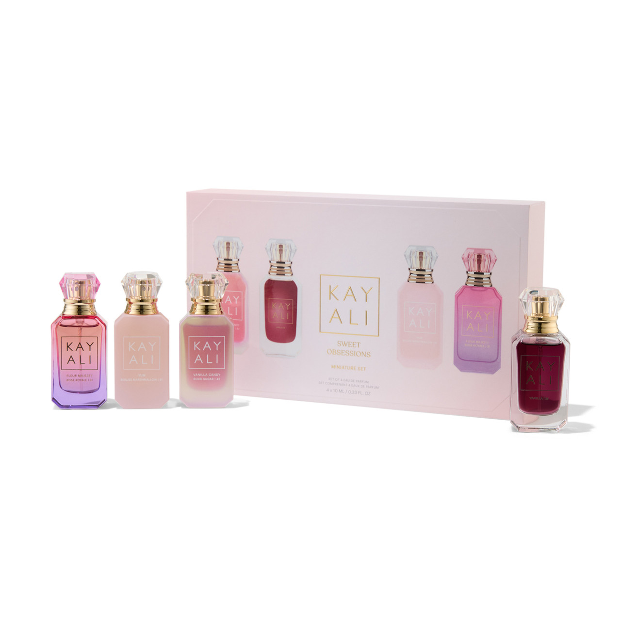 KAYALI 4 * 10 ML EAU DE PARFUM MINI SET: VANILLA CANDY ROCK SUGAR + VANILLA 28 + YUB BOUJEE MARSHMALLOW + FLEUR MAJESTY ROSE ROYALE