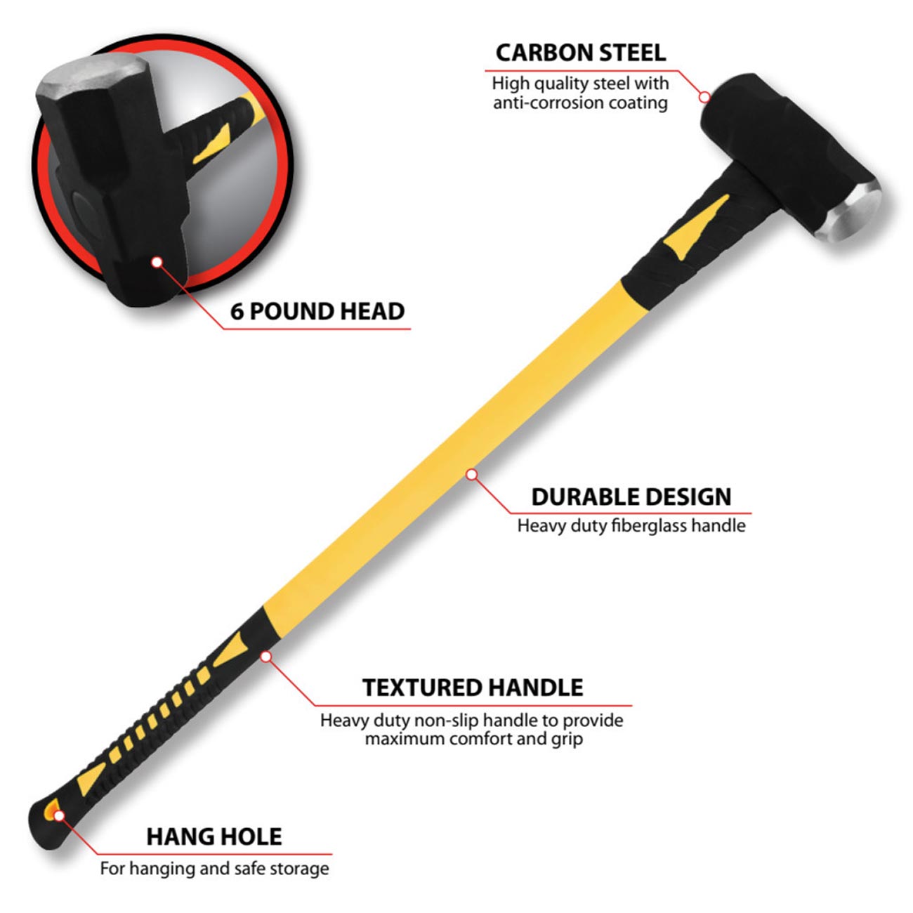 Performance Tool 6-Pound Sledge Hammer With Fiberglass Handle - Image 2