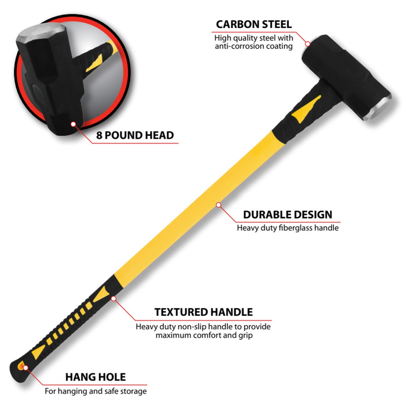 Performance Tool 8-Pound Sledge Hammer With Fiberglass Handle - Image 2
