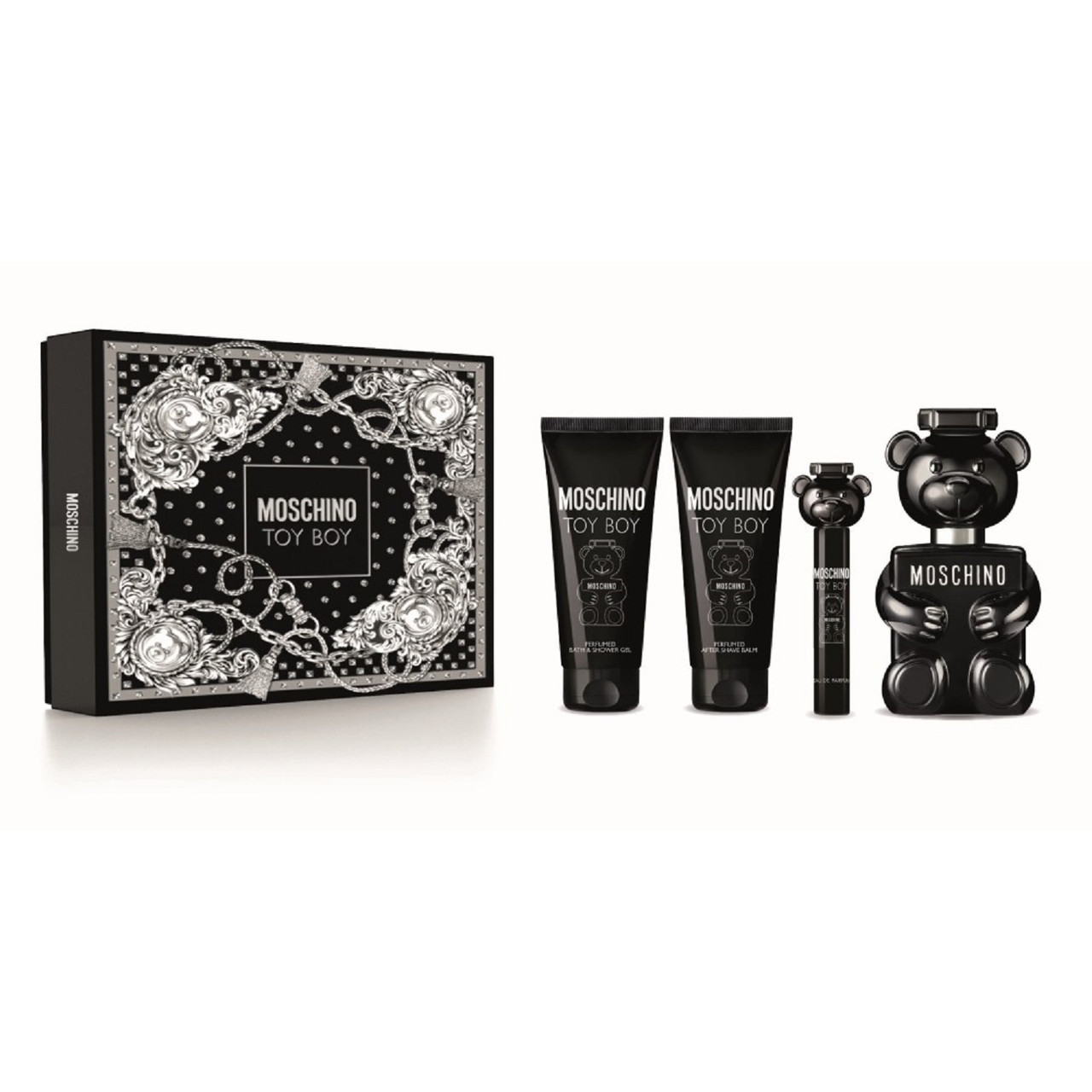 MOSCHINO TOY BOY 4 PCS SET: 3.4 EAU DE PARFUM SPRAY + 3.4 SHOWER GEL + 3.4 AFTER SHAVE + 0.33 EAU DE PARFUM SPRAY