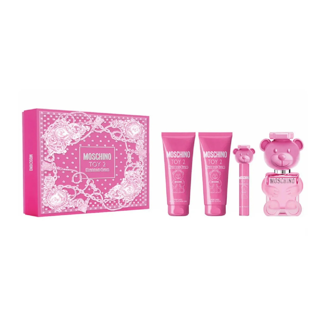 MOSCHINO TOY 2 BUBBLE GUM 4 PCS SET FOR WOMEN: 3.4 EAU DE TOILETTE SPRAY + 3.4 SHOWER GEL + 3.4 BODY LOTION + 0.33 EAU DE TOILETTE SPRAY
