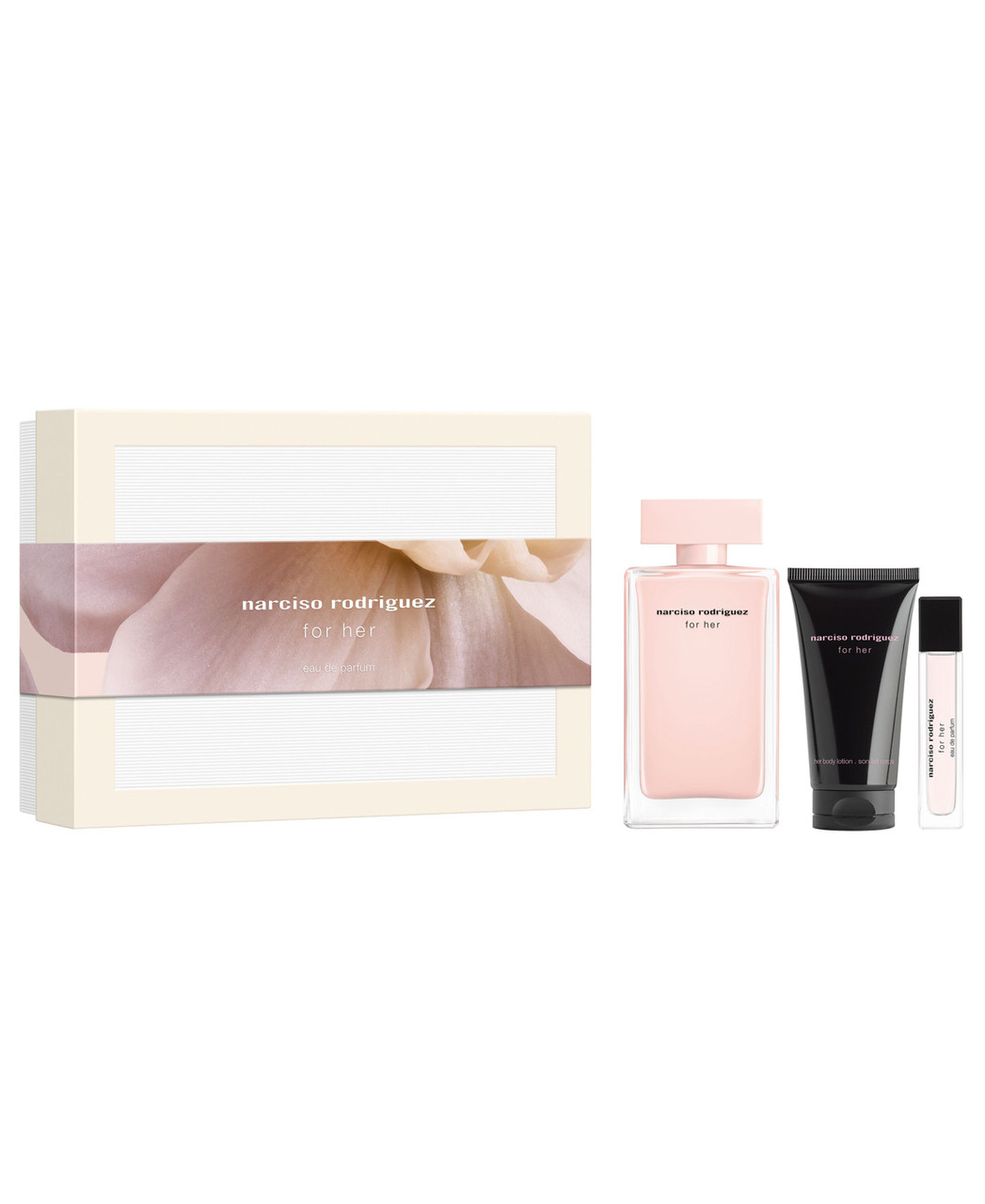 NARCISO RODRIGUEZ FOR HER 3 PCS SET: 3.3 EAU DE PARFUM SPRAY + 0.33 EAU DE PARFUM SPRAY + 1.6 BODY LOTION.