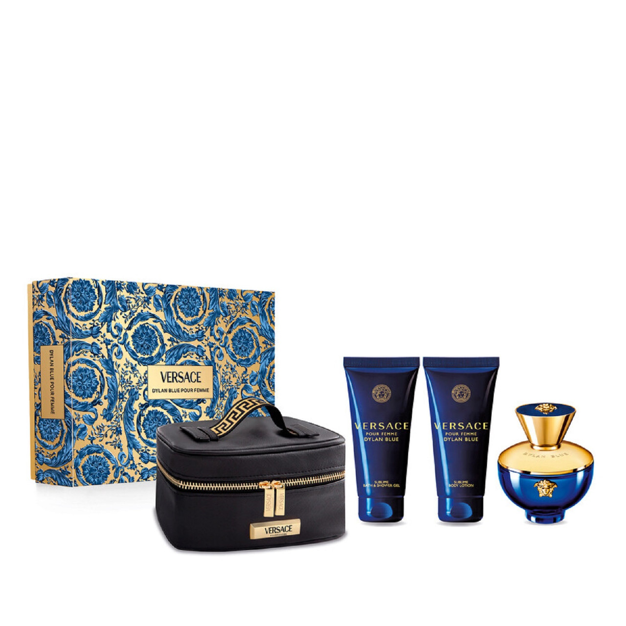 VERSACE DYLAN BLUE 4 PCS SET FOR WOMEN: 3.4 EAU DE PARFUM SPRAY + 3.4 SHOWER GEL + 3.4 BODY LOTION + POUCH