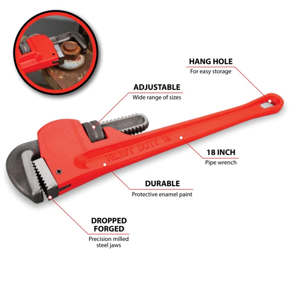 Performance Tool Heavy-Duty Adjustable Straight Pipe Wrench 18-inch - Image 2