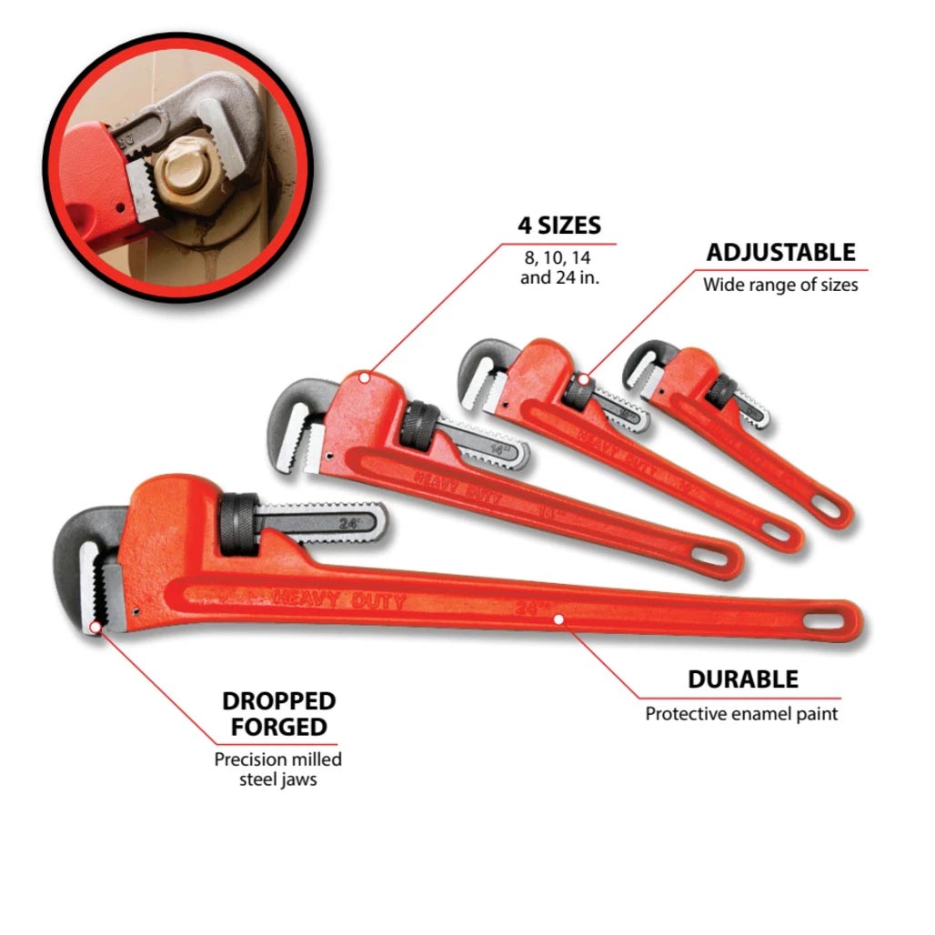 Performance Tool Heavy-Duty Adjustable Straight Pipe Wrench (4-Piece Set) - Image 2