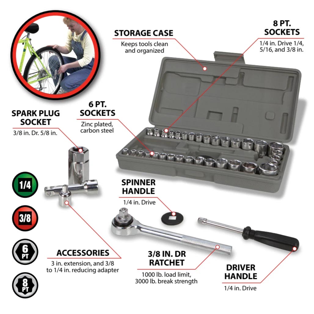 Performance Tool SAE/Metric Socket (1/4" & 3/8" Drive) and Bit Set (40-Piece Set) - Image 2