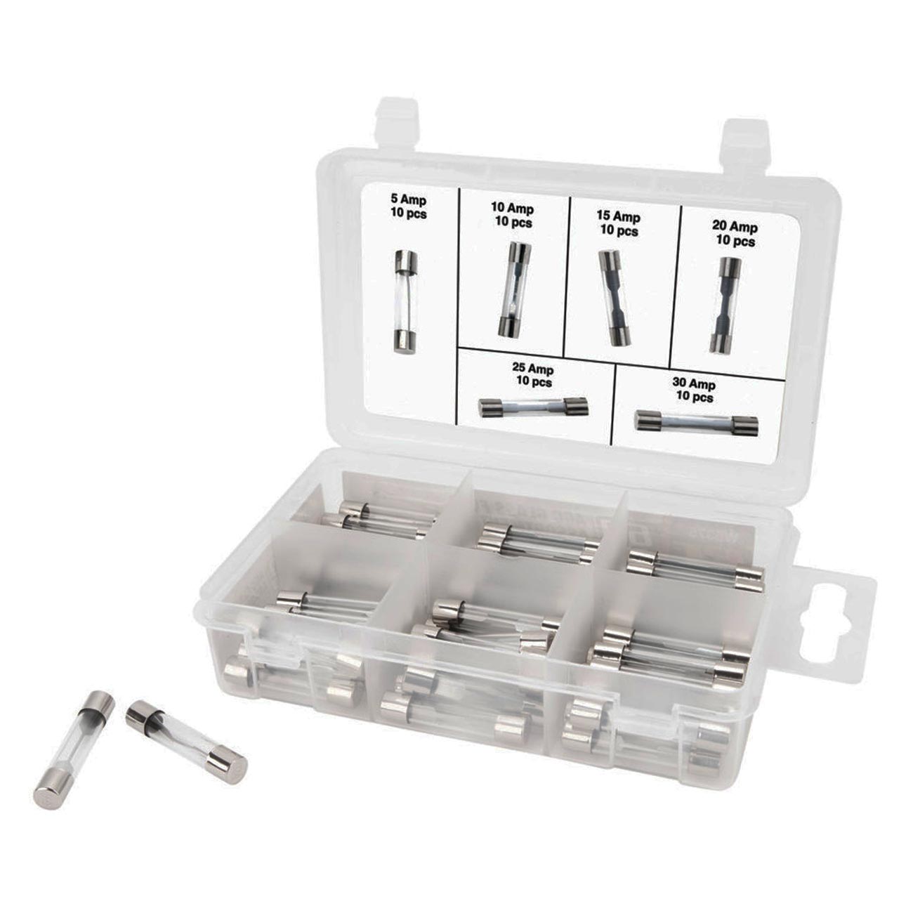 Performance Tool Assorted AGC Glass Fuse Assortment (5A to 30A) in a Clear Plastic Case (60 Pieces)