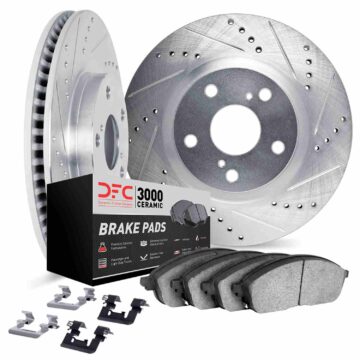 DFC Brake Rotor - Dimpled & Slotted - Silver w/3000 Ceramic Brake Pads & HW Kit